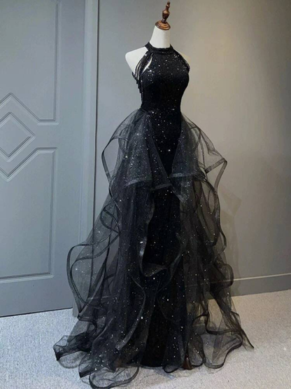 Classy Ball Gown High Neck Black Sequin Long Prom Dresses Party Dress 21st Birthday Outfits Graduation Dress AU260
