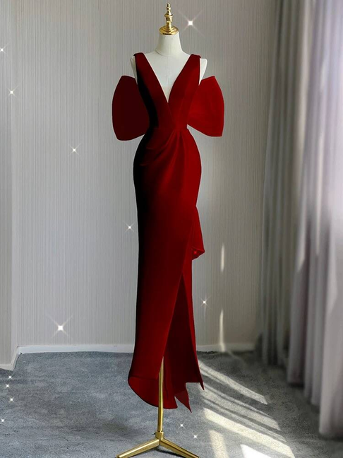 Simple Sheath V Neck Red Satin Long Prom Dresses Party Dress 21st Birthday Outfits Graduation Dress AU261