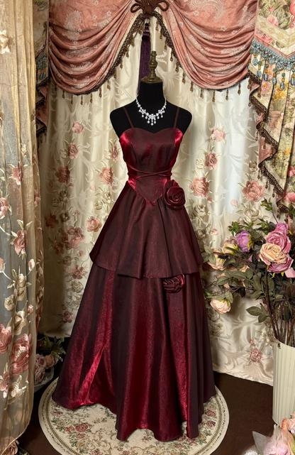 Modest A line Spaghetti Strap Burgundy Dark Red Organza Long Prom Dresses Evening Gowns AU261