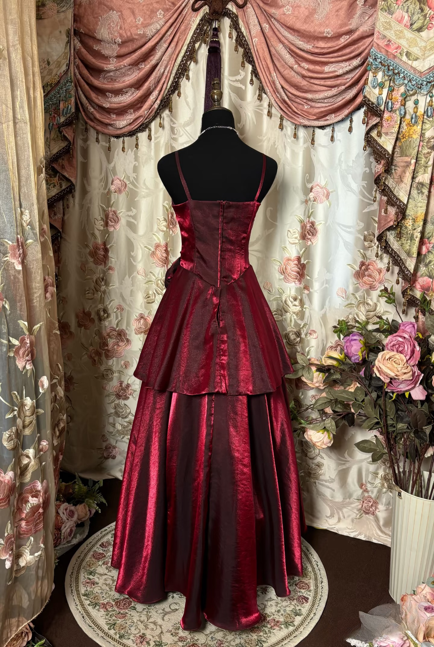 Modest A line Spaghetti Strap Burgundy Dark Red Organza Long Prom Dresses Evening Gowns AU261