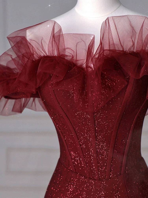 Classy Mermaid Off The Shoulder Burgundy Sequin Long Prom Dresses Party Dress 21st Birthday Outfits Graduation Dress AU262
