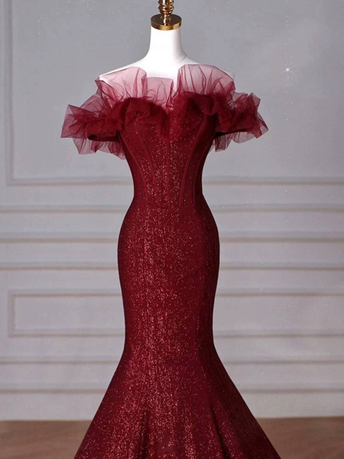 Classy Mermaid Off The Shoulder Burgundy Sequin Long Prom Dresses Party Dress 21st Birthday Outfits Graduation Dress AU262