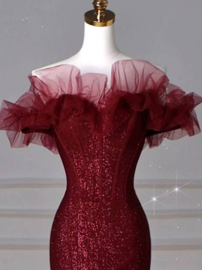 Classy Mermaid Off The Shoulder Burgundy Sequin Long Prom Dresses Party Dress 21st Birthday Outfits Graduation Dress AU262