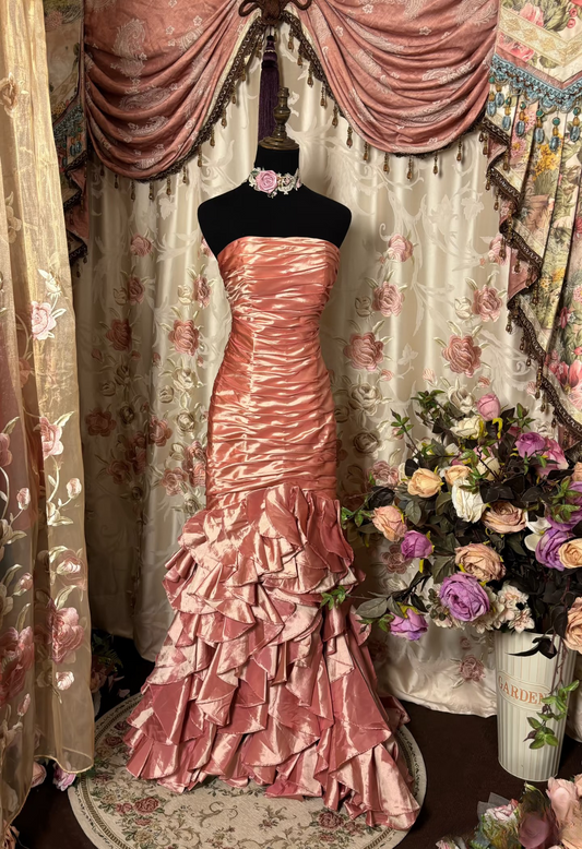 Elegant Mermaid Strapless Sleeveless Pink Satin Floor Length Prom Dresses Party Gowns AU262