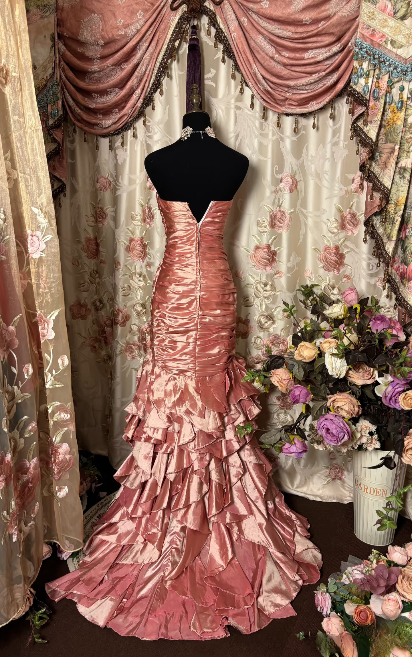 Elegant Mermaid Strapless Sleeveless Pink Satin Floor Length Prom Dresses Party Gowns AU262