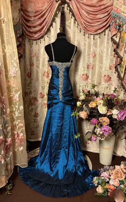 Vintage Mermaid Spaghetti Strap Navy Blue Taffeta Long Prom Dresses Formal Party Teens Evening Gowns AU263