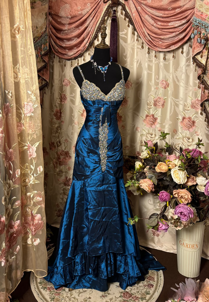 Vintage Mermaid Spaghetti Strap Navy Blue Taffeta Long Prom Dresses Formal Party Teens Evening Gowns AU263