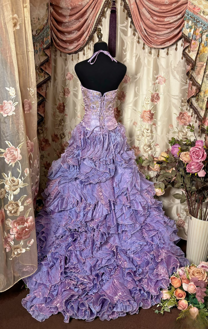 Vintage Ball Gown Halter Light Grape Lilac With Gold Beaded Long Quinceanera Dress Sweet 15 16 Dresses AU264