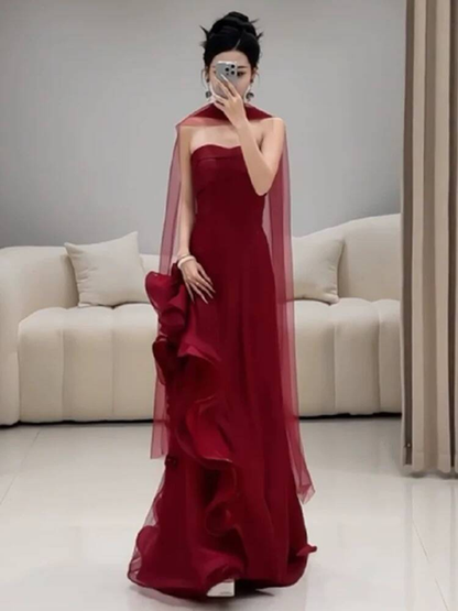 Classy Mermaid Sweetheart Burgundy Tulle Long Prom Dresses With Scarf Party Dress 21st Birthday Outfits Graduation Dress AU265