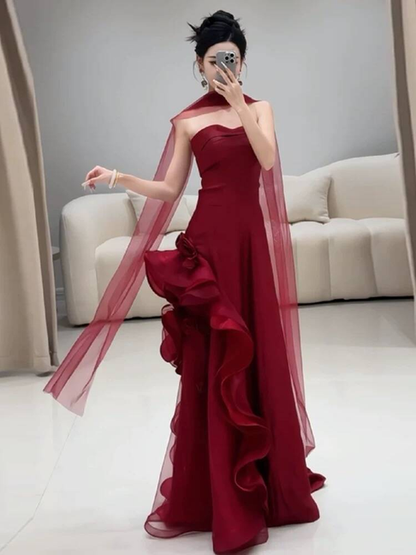 Classy Mermaid Sweetheart Burgundy Tulle Long Prom Dresses With Scarf Party Dress 21st Birthday Outfits Graduation Dress AU265
