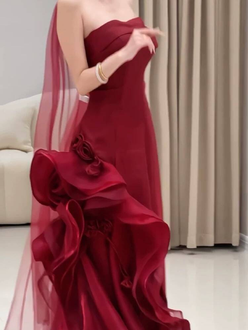 Classy Mermaid Sweetheart Burgundy Tulle Long Prom Dresses With Scarf Party Dress 21st Birthday Outfits Graduation Dress AU265