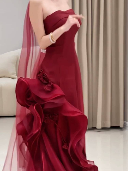 Classy Mermaid Sweetheart Burgundy Tulle Long Prom Dresses With Scarf Party Dress 21st Birthday Outfits Graduation Dress AU265