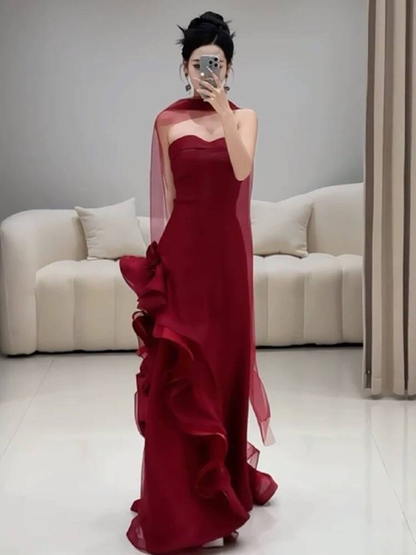 Classy Mermaid Sweetheart Burgundy Tulle Long Prom Dresses With Scarf Party Dress 21st Birthday Outfits Graduation Dress AU265