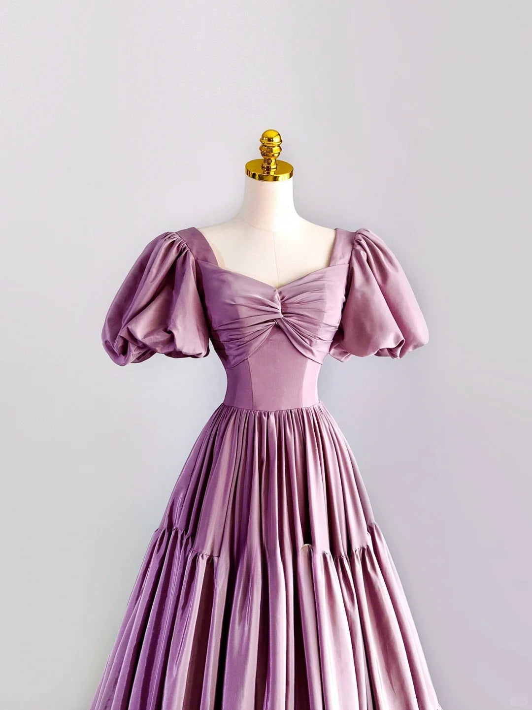 Modest A line Sweetheart Neck Lilac Satin With Puffy Sleeves Prom Dresses Long Evening Party Formal Outfits RB6652