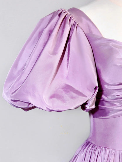 Modest A line Sweetheart Neck Lilac Satin With Puffy Sleeves Prom Dresses Long Evening Party Formal Outfits RB6652