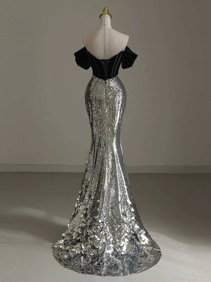 Charming Mermaid Off The Shoulder Sequin Prom Dresses Inspiration Party Dress Princess Graduation Dress AU266