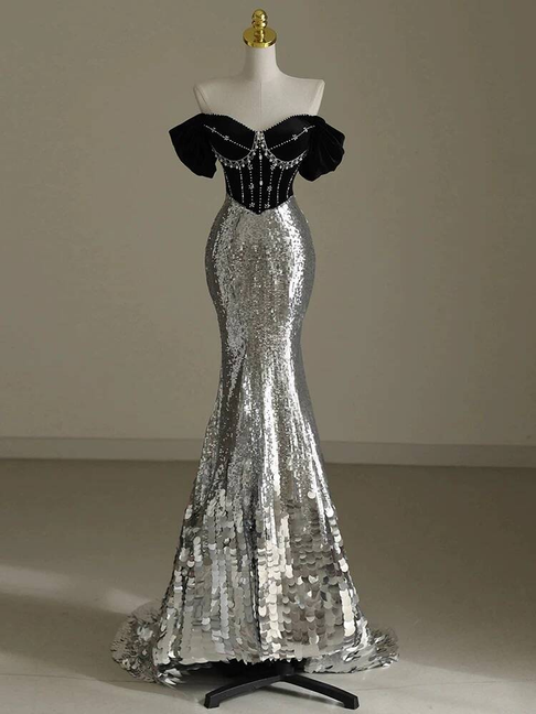 Charming Mermaid Off The Shoulder Sequin Prom Dresses Inspiration Party Dress Princess Graduation Dress AU266