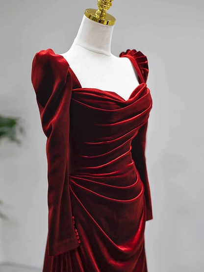Modest Mermaid Sweetheart Burgundy Velvet Long Sleeves Prom Dresses Inspiration Party Dress Princess Graduation Dress AU267