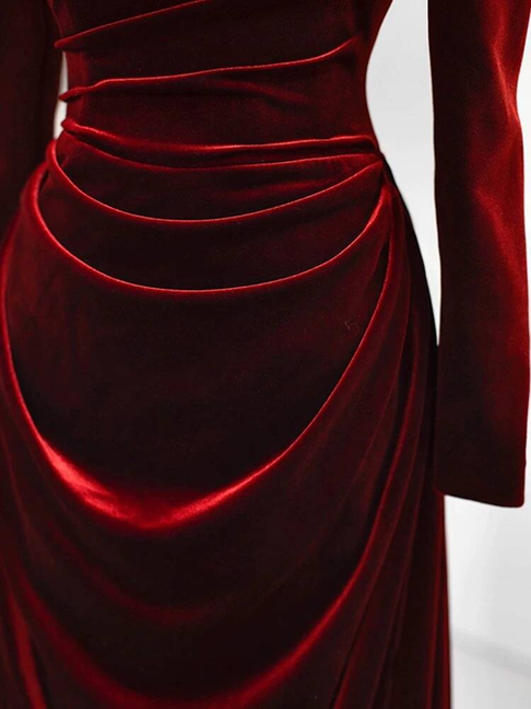 Modest Mermaid Sweetheart Burgundy Velvet Long Sleeves Prom Dresses Inspiration Party Dress Princess Graduation Dress AU267