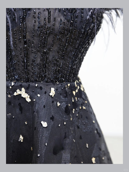 Modest A line Strapless Black Tie Dress With Feathers Prom Dresses Long Evening Party Formal Outfits RB6653