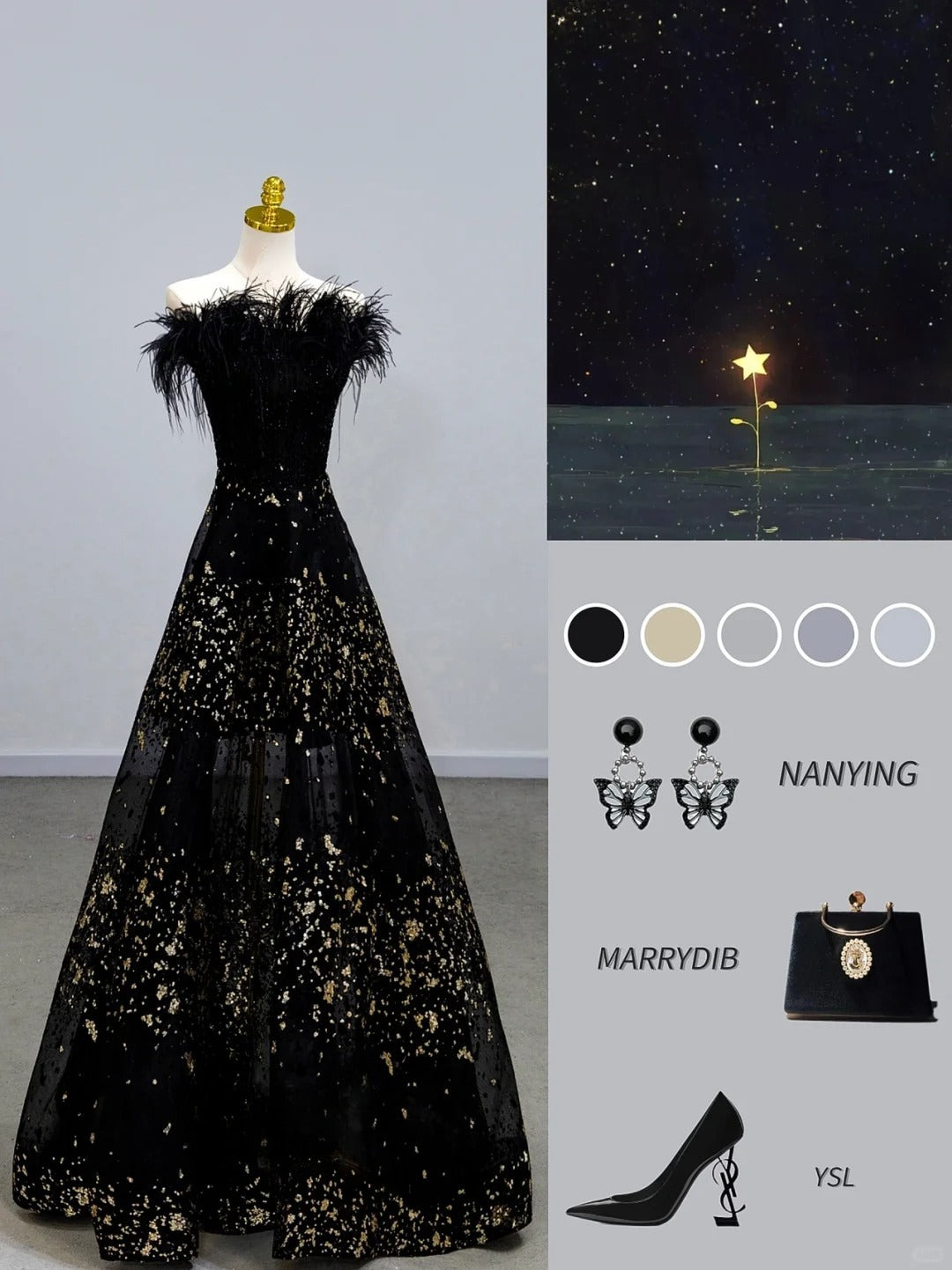 Modest A line Strapless Black Tie Dress With Feathers Prom Dresses Long Evening Party Formal Outfits RB6653