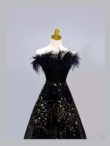 Modest A line Strapless Black Tie Dress With Feathers Prom Dresses Long Evening Party Formal Outfits RB6653