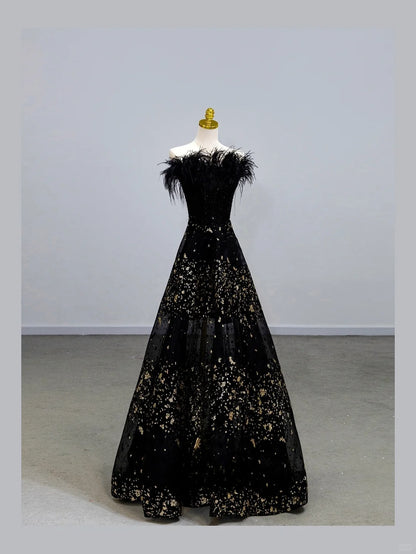 Modest A line Strapless Black Tie Dress With Feathers Prom Dresses Long Evening Party Formal Outfits RB6653
