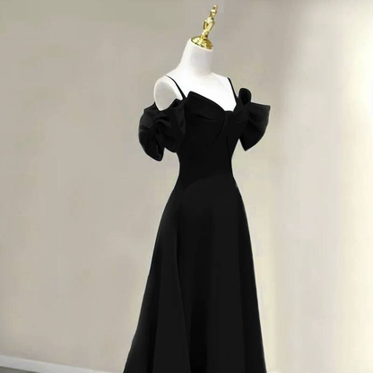 Simple A Line Spaghetti Straps Black Satin Long Prom Dresses Party Dress 21st Birthday Outfits Graduation Dress AU268