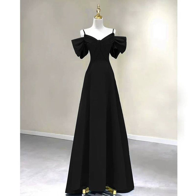 Simple A Line Spaghetti Straps Black Satin Long Prom Dresses Party Dress 21st Birthday Outfits Graduation Dress AU268