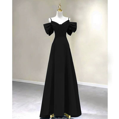 Simple A Line Spaghetti Straps Black Satin Long Prom Dresses Party Dress 21st Birthday Outfits Graduation Dress AU268