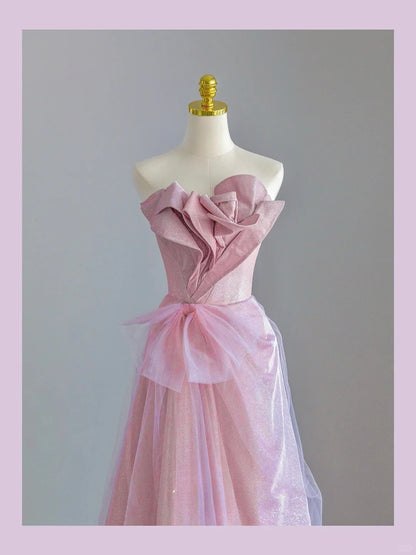 Modest A line Strapless Pink With Bow Ruffled Prom Dresses Long Evening Party Formal Outfits RB6654