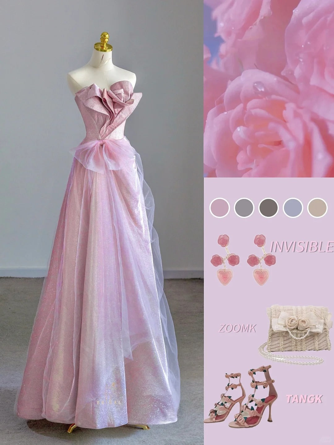 Modest A line Strapless Pink With Bow Ruffled Prom Dresses Long Evening Party Formal Outfits RB6654