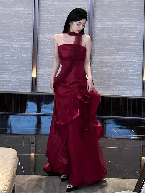 Classy Mermaid Strapless Burgundy Long Prom Dresses With Scarf Party Dress 21st Birthday Outfits Graduation Dress AU269