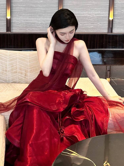 Classy Mermaid Strapless Burgundy Long Prom Dresses With Scarf Party Dress 21st Birthday Outfits Graduation Dress AU269