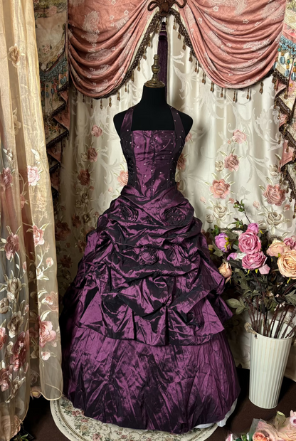 Vintage Ball Gown Halter Grape Taffeta With Beads Prom Dress Long Quinceanera Dresses Sweet 15 16 Gown AU269