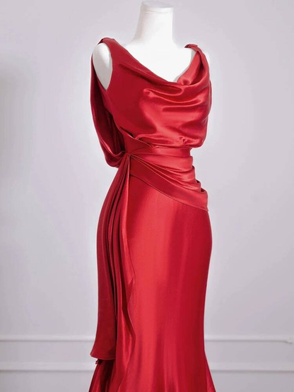 Sexy Mermaid Red Sleeveless Satin Long Prom Dresses Party Dress 21st Birthday Outfits Graduation Dress AU270