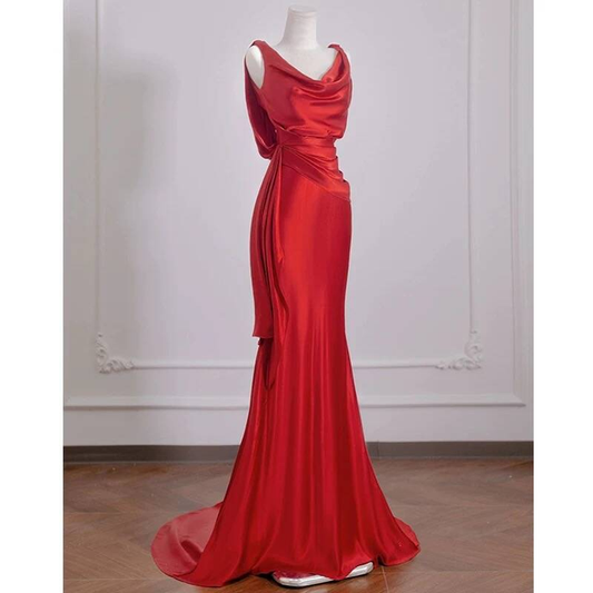 Sexy Mermaid Red Sleeveless Satin Long Prom Dresses Party Dress 21st Birthday Outfits Graduation Dress AU270