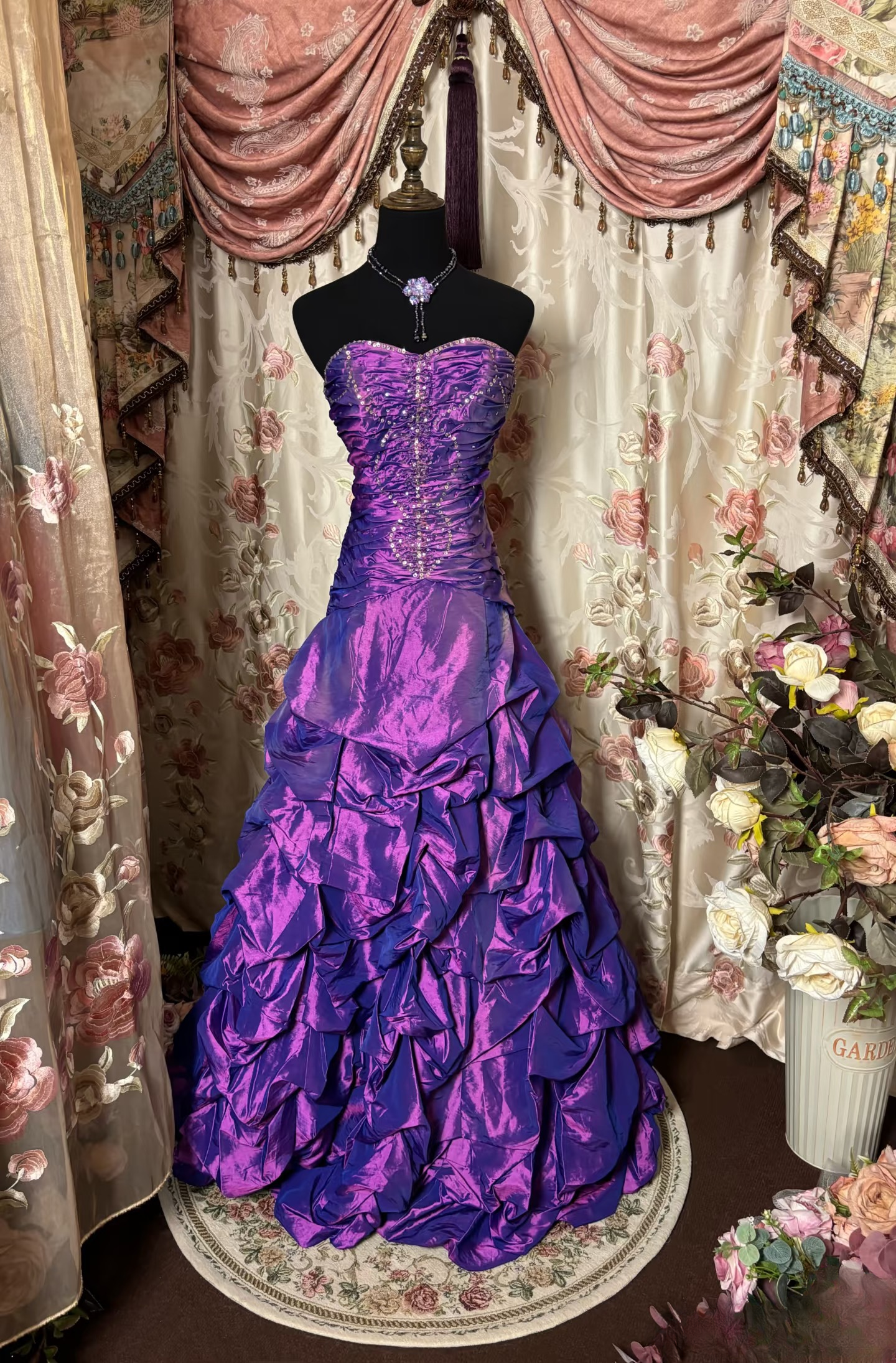 Elegant Mermaid Sweetheart Sleeveless Grape Taffeta Ruched Pleated Floor Length Prom Dresses Party Gowns AU270