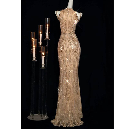 Sexy Mermaid Jewel Sleeveless Sequin Gold Long Prom Dresses Party Dress 21st Birthday Outfits Graduation Dress AU271