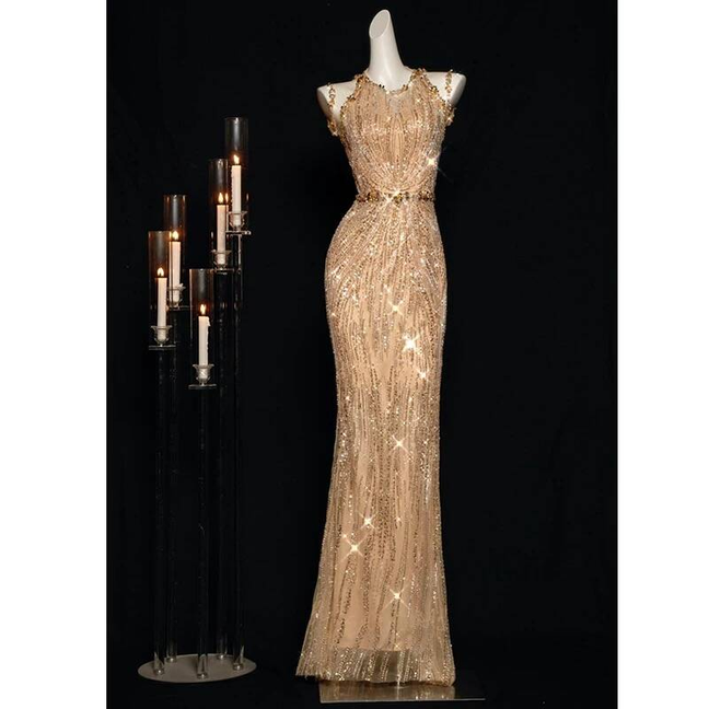 Sexy Mermaid Jewel Sleeveless Sequin Gold Long Prom Dresses Party Dress 21st Birthday Outfits Graduation Dress AU271