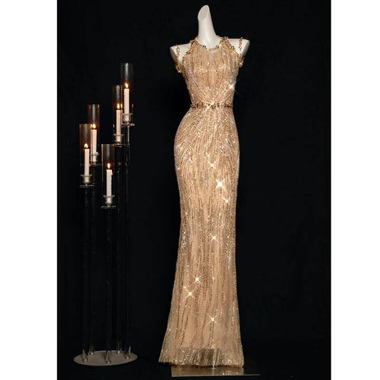 Sexy Mermaid Jewel Sleeveless Sequin Gold Long Prom Dresses Party Dress 21st Birthday Outfits Graduation Dress AU271