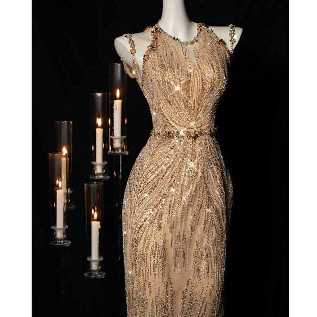 Sexy Mermaid Jewel Sleeveless Sequin Gold Long Prom Dresses Party Dress 21st Birthday Outfits Graduation Dress AU271