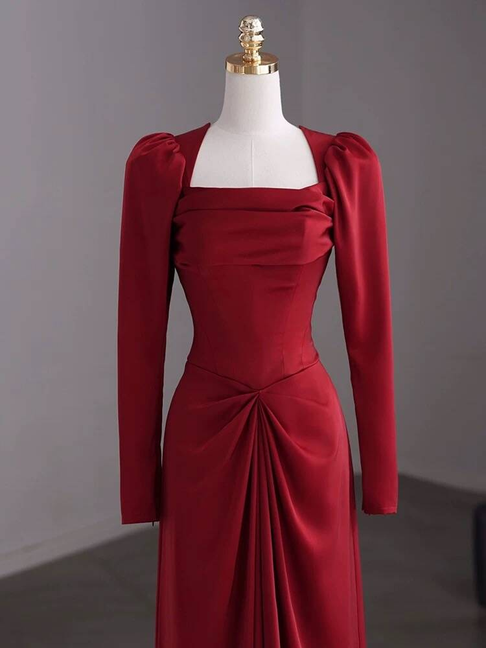 Modest Mermaid Square Neck Red Satin Long Prom Dresses Inspiration Party Dress Princess Graduation Dress AU272