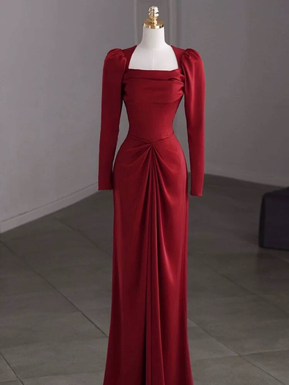 Modest Mermaid Square Neck Red Satin Long Prom Dresses Inspiration Party Dress Princess Graduation Dress AU272