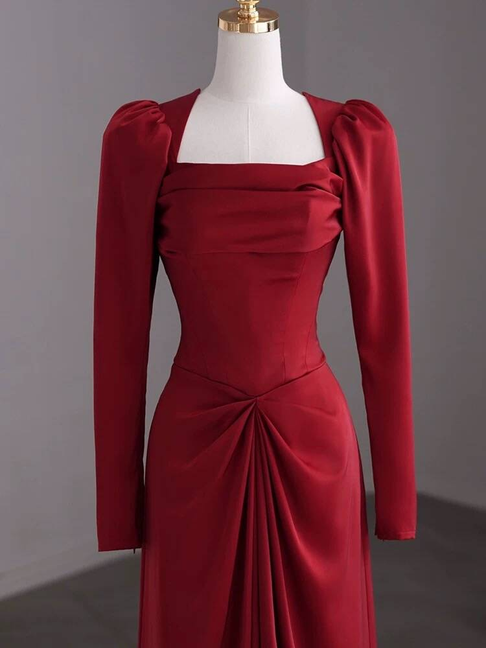 Modest Mermaid Square Neck Red Satin Long Prom Dresses Inspiration Party Dress Princess Graduation Dress AU272