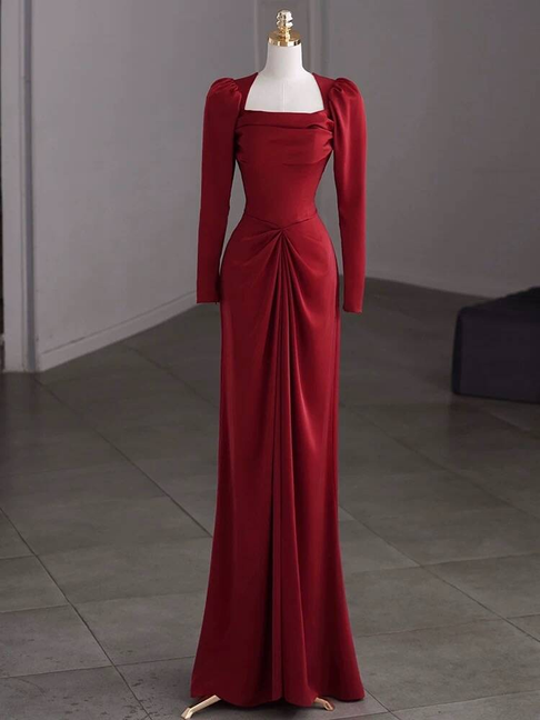 Modest Mermaid Square Neck Red Satin Long Prom Dresses Inspiration Party Dress Princess Graduation Dress AU272
