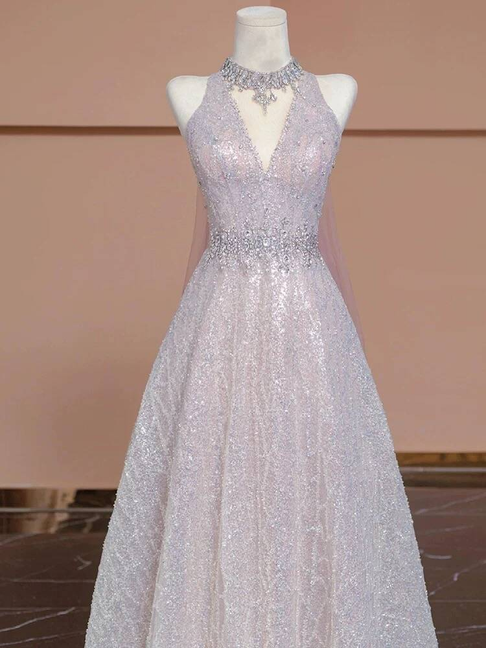Sexy Ball Gown V Neck Light Pink Sleeveless Sequin Long Prom Dresses Party Dress 21st Birthday Outfits Graduation Dress AU273