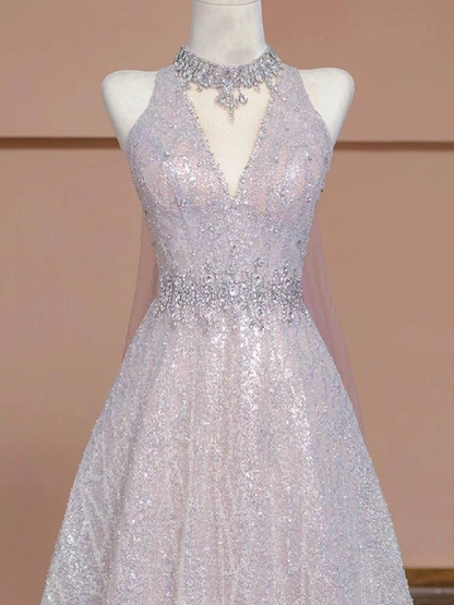 Sexy Ball Gown V Neck Light Pink Sleeveless Sequin Long Prom Dresses Party Dress 21st Birthday Outfits Graduation Dress AU273