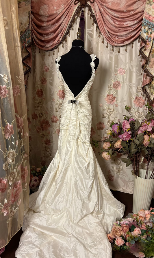 Vintage Mermaid Straps Sweetheart 1960s Taffeta Fitted Pleated Ruched Bride Dress Long Lace Appliques Classy Wedding Dresses AU273