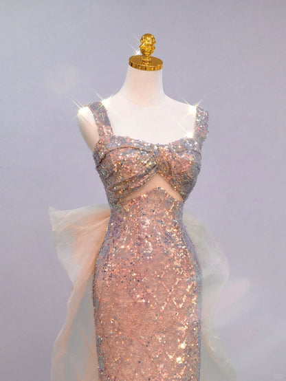Sparkly Mermaid Sweetheart With Straps Pink With Bow Prom Dresses Long Evening Party Formal Outfits RB6655